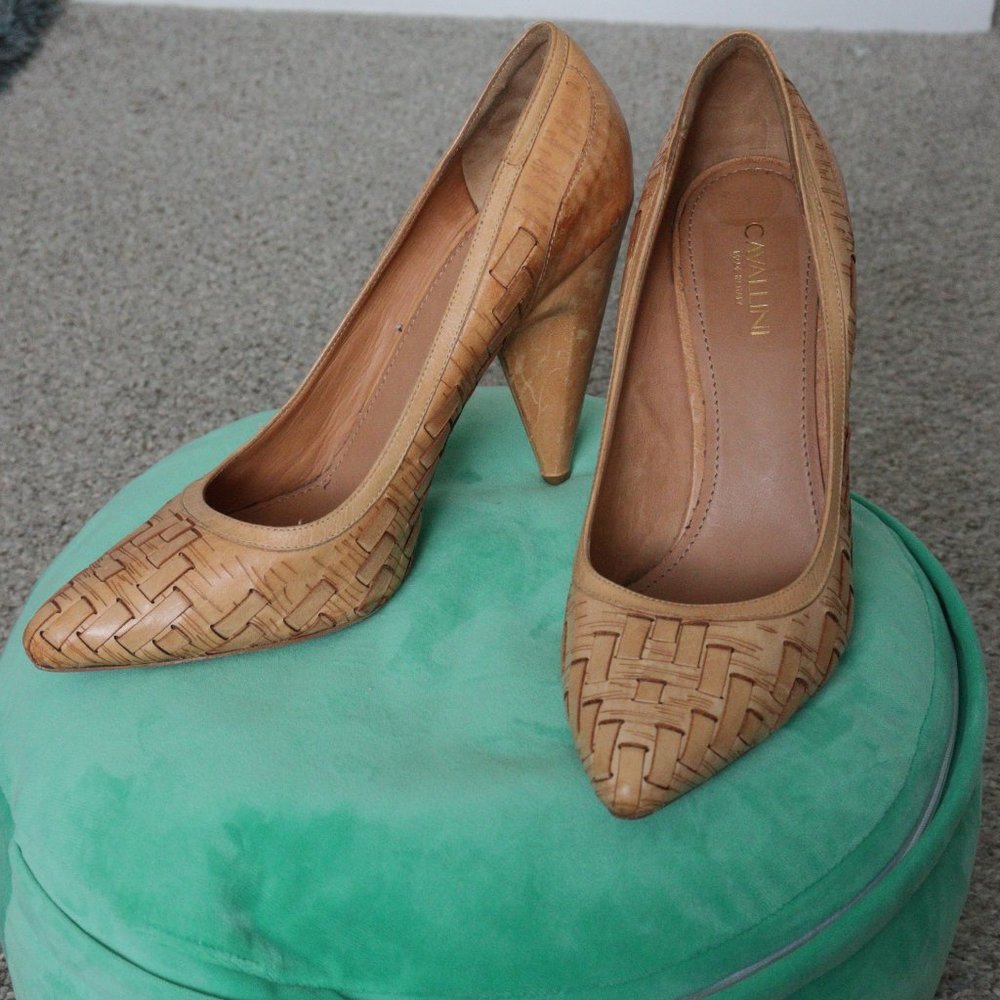 🌏 Cavallini - Rare Basket weave Italian Leather Heels Pumps - Size 40 / 10 US